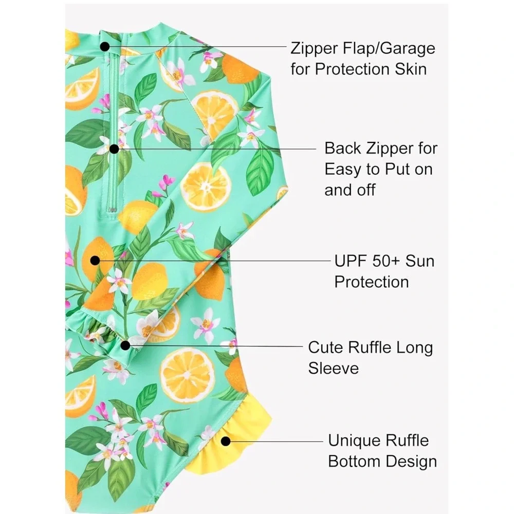 Kids NWT Lemon Floral Long-Sleeve One-Piece Swimsuit, Toddler 2T-3T